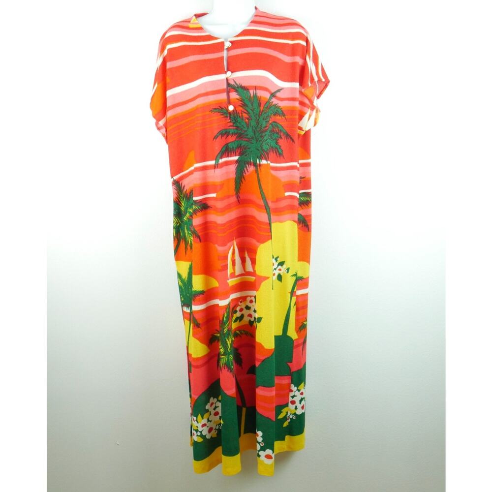 Vintage 70s Terrycloth Beach Cover Maxi Dress Pool Swim Tropical Resort One Size